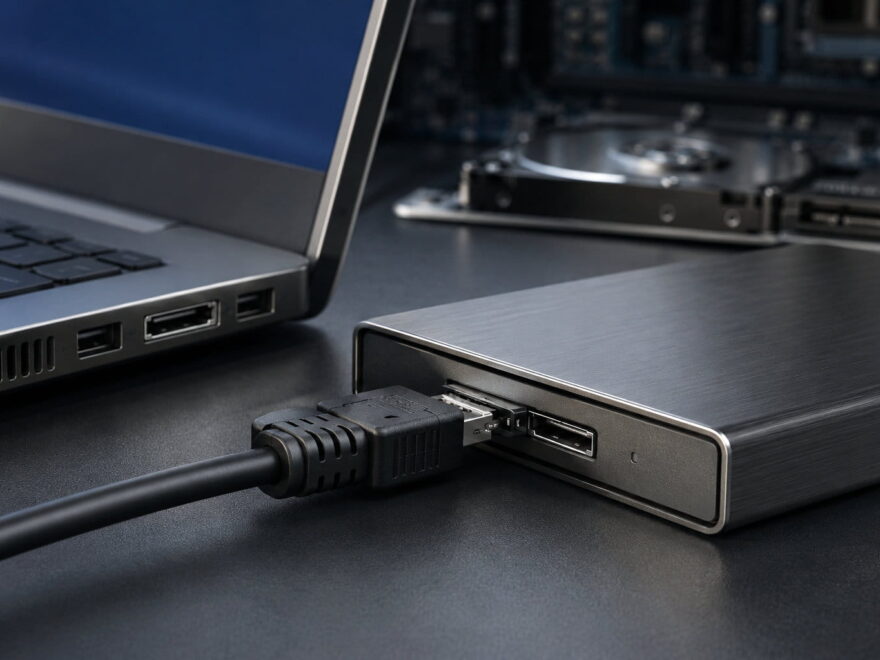 Externe Festplatte mit eSATA-Kabel an einem Laptop
