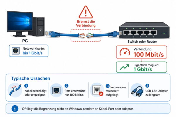 Ethernet-Verbindung mit nur 100 Mbit/s durch Kabel oder Port begrenzt