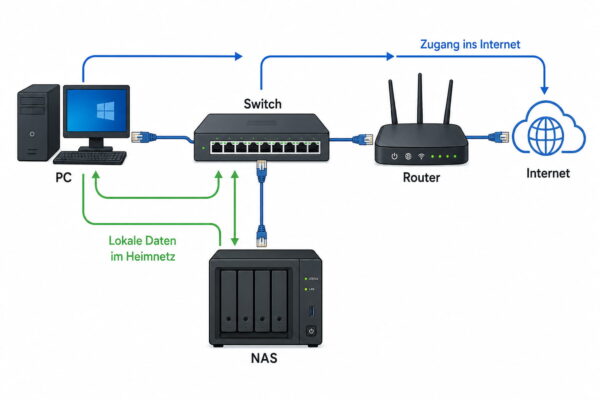 Ethernet-Verbindung im Heimnetz mit PC, Switch, Router und NAS