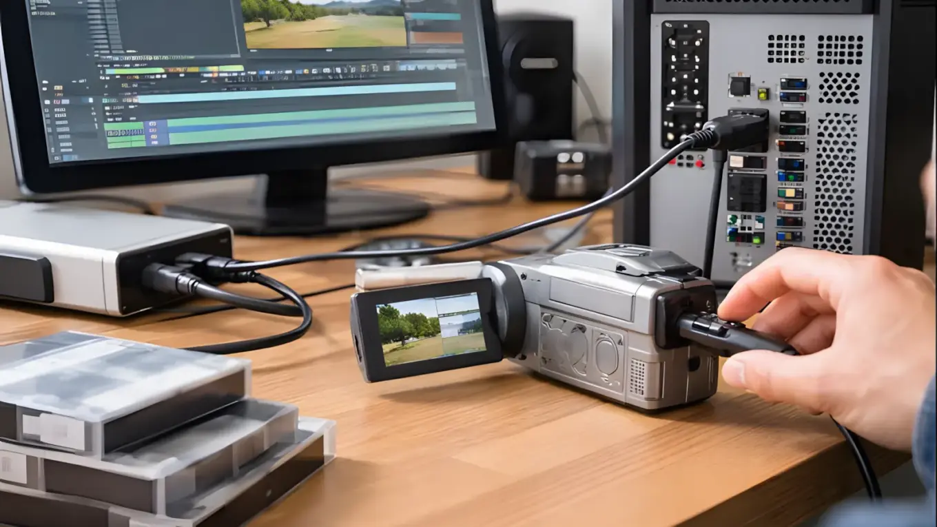 MiniDV-Camcorder über FireWire mit PC verbunden