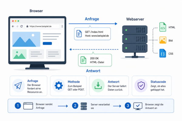 Infografik zeigt, wie eine HTTP-Anfrage vom Browser an den Webserver gesendet wird und wie der Server mit einer HTTP-Antwort reagiert.