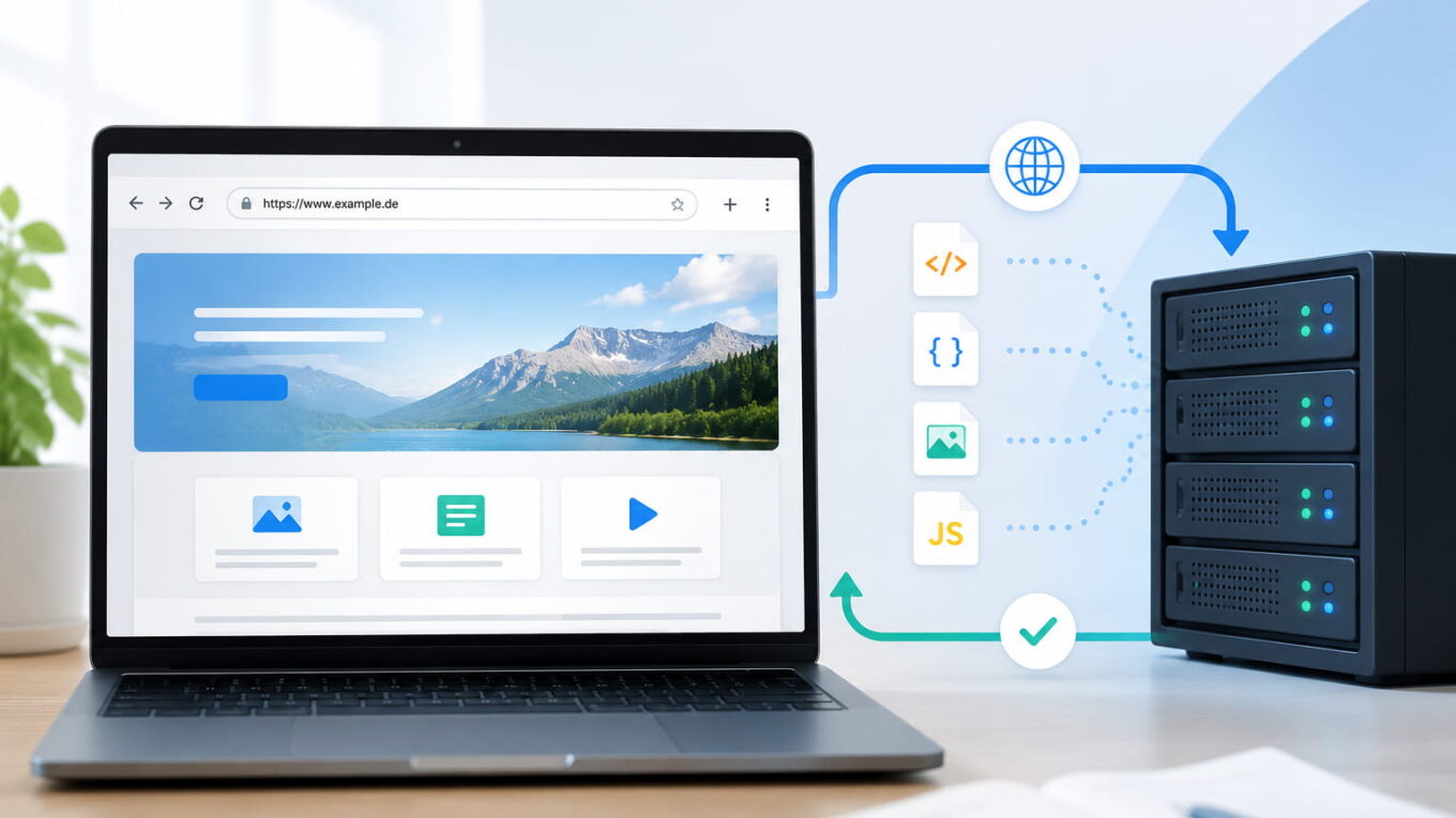 Laptop mit Browserfenster und Webserver zeigt den Datenfluss beim Laden einer Webseite über HTTP.
