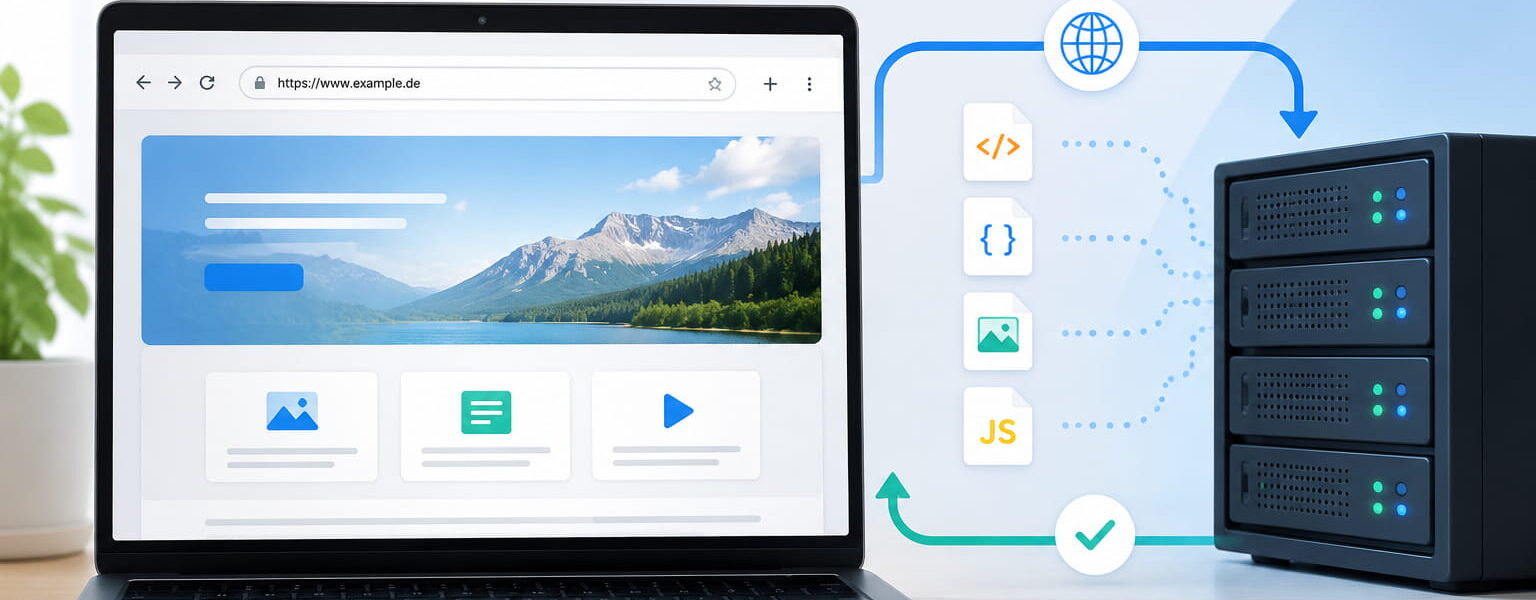 Laptop mit Browserfenster und Webserver zeigt den Datenfluss beim Laden einer Webseite über HTTP.