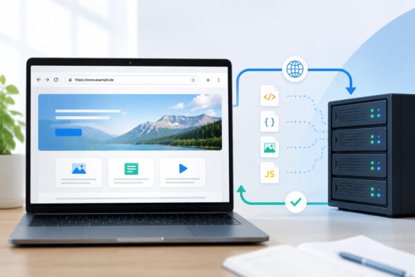 http browser server Laptop mit Browserfenster und Webserver zeigt den Datenfluss beim Laden einer Webseite über HTTP.
