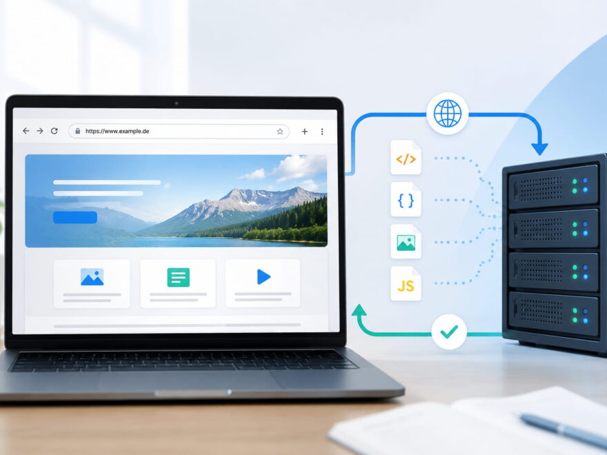 Laptop mit Browserfenster und Webserver zeigt den Datenfluss beim Laden einer Webseite über HTTP.