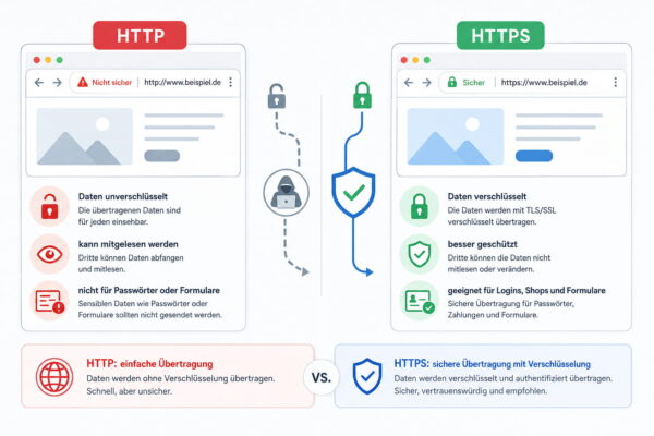 Vergleichsgrafik zeigt die Unterschiede zwischen HTTP und HTTPS mit unverschlüsselter und verschlüsselter Datenübertragung im Browser.