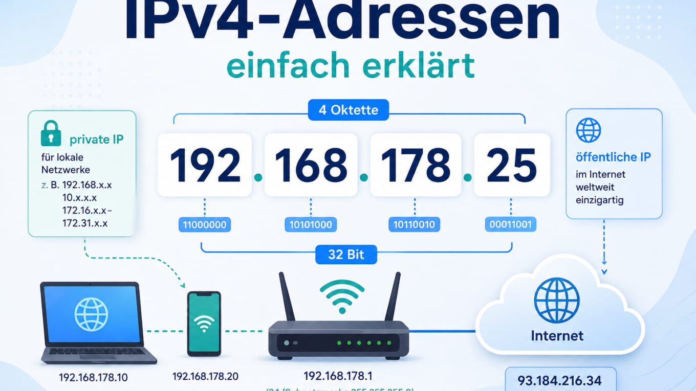 IPv4-Adresse mit vier Oktetten sowie privater und öffentlicher IP-Adresse