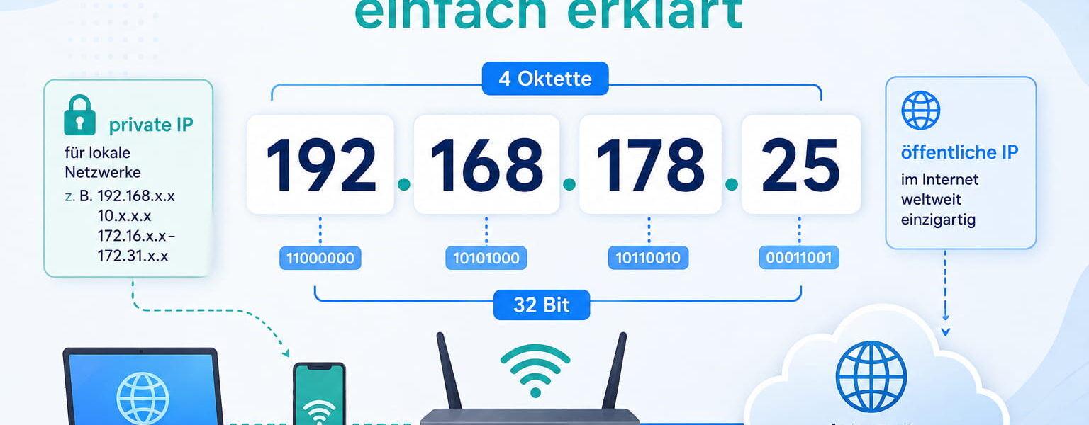 IPv4-Adresse mit vier Oktetten sowie privater und öffentlicher IP-Adresse