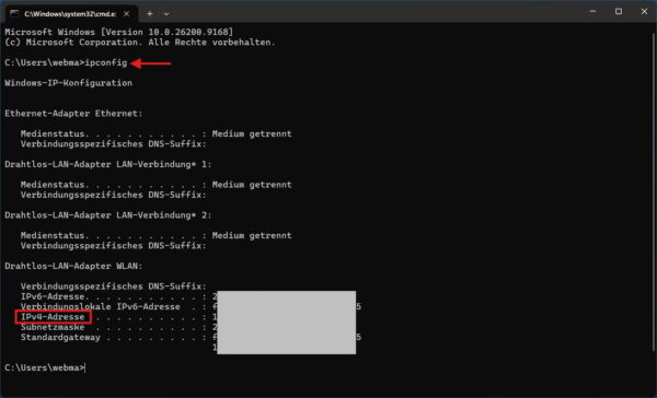 IPv4-Adresse unter Windows mit ipconfig anzeigen
