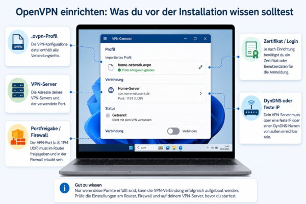 OpenVPN einrichten: Voraussetzungen vor der Installation Grafik zeigt wichtige Voraussetzungen zum OpenVPN einrichten, darunter .ovpn-Profil, VPN-Server, Zertifikat, DynDNS und Firewall.