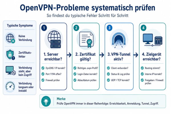 OpenVPN-Probleme systematisch prüfen Infografik zeigt typische OpenVPN-Probleme und eine Schritt-für-Schritt-Prüfung von Server, Zertifikat, VPN-Tunnel und Zielgerät.