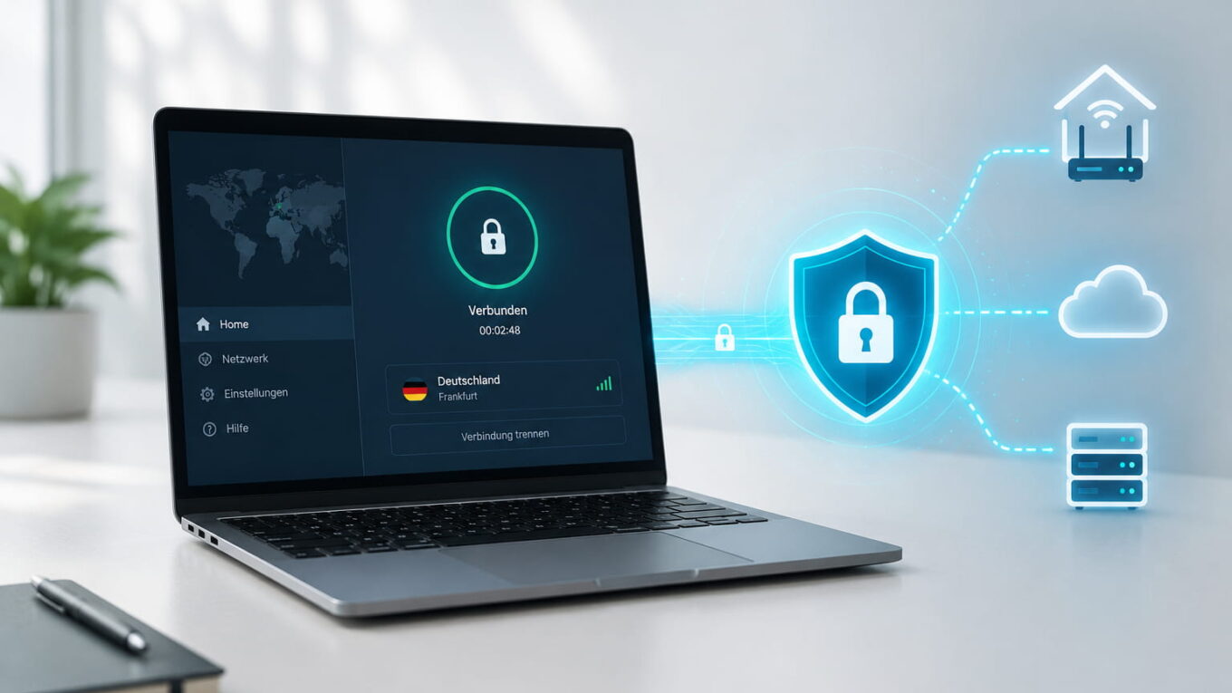 Laptop mit aktiver VPN-Verbindung und Sicherheitssymbolen zeigt OpenVPN als Lösung für verschlüsselten Zugriff auf Heimnetz, Server und Cloud.