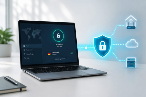 openvpn guide featured Laptop mit aktiver VPN-Verbindung und Sicherheitssymbolen zeigt OpenVPN als Lösung für verschlüsselten Zugriff auf Heimnetz, Server und Cloud.