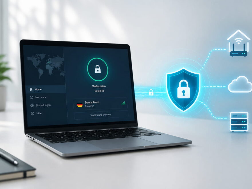 Laptop mit aktiver VPN-Verbindung und Sicherheitssymbolen zeigt OpenVPN als Lösung für verschlüsselten Zugriff auf Heimnetz, Server und Cloud.