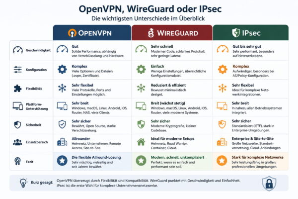 OpenVPN, WireGuard und IPsec im Vergleich Infografik vergleicht OpenVPN, WireGuard und IPsec nach Geschwindigkeit, Konfiguration, Flexibilität, Sicherheit und Einsatzbereich.