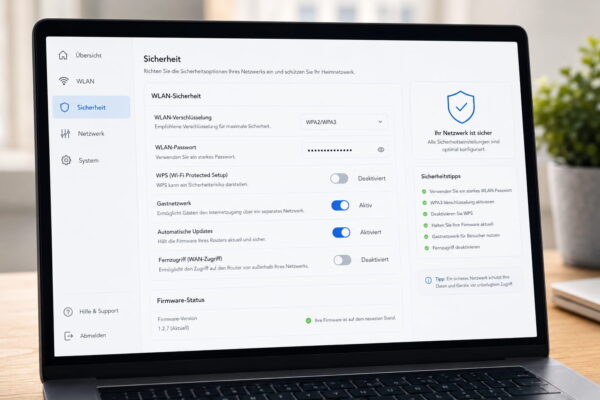 Sichere Router-Einstellungen zum Schutz vor WLAN-Hacking Router-Oberfläche mit sicheren WLAN-Einstellungen wie WPA2/WPA3, deaktiviertem WPS und aktivem Gastnetz als Schutz vor WLAN-Hacking