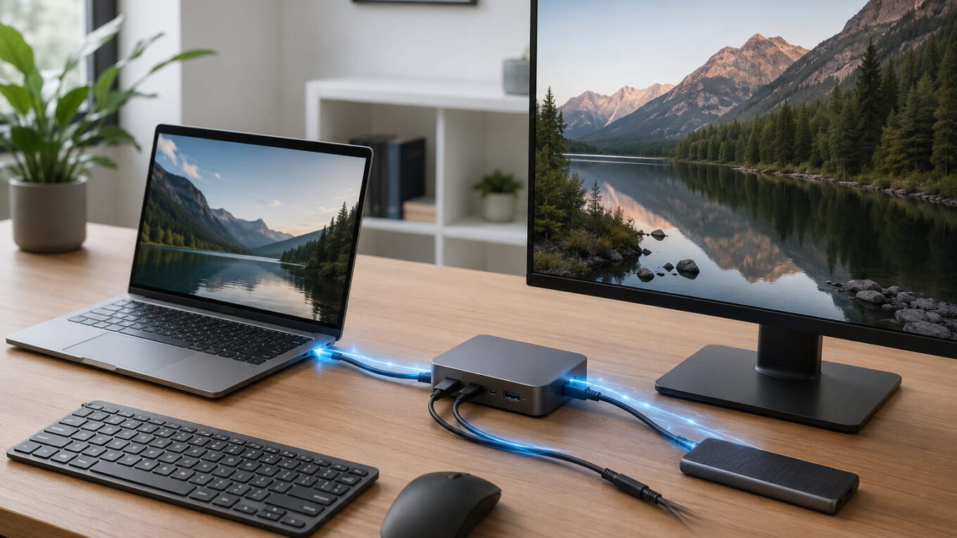 Moderner Arbeitsplatz mit Laptop, Thunderbolt-Dock, Monitor und externer SSD als Beispiel für ein Ein-Kabel-Setup.