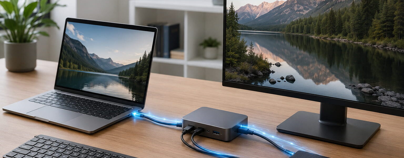 Moderner Arbeitsplatz mit Laptop, Thunderbolt-Dock, Monitor und externer SSD als Beispiel für ein Ein-Kabel-Setup.