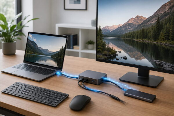 thunderbolt arbeitsplatz featured Moderner Arbeitsplatz mit Laptop, Thunderbolt-Dock, Monitor und externer SSD als Beispiel für ein Ein-Kabel-Setup.