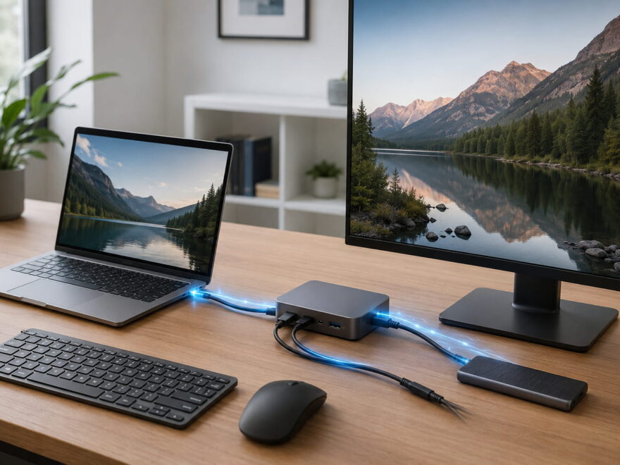 Moderner Arbeitsplatz mit Laptop, Thunderbolt-Dock, Monitor und externer SSD als Beispiel für ein Ein-Kabel-Setup.