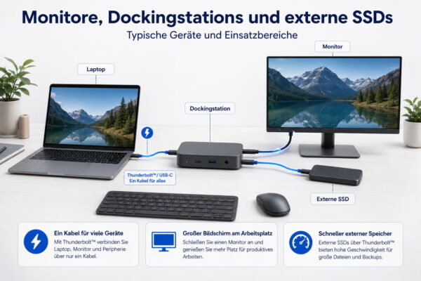 Thunderbolt-Dockingstation mit Monitor und externer SSD Laptop ist per Thunderbolt mit Dockingstation, Monitor und externer SSD verbunden und zeigt ein typisches Arbeitsplatz-Setup.