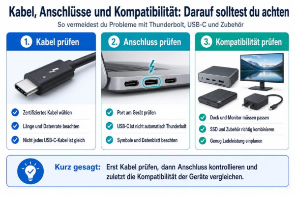 Thunderbolt-Kabel und Kompatibilität prüfen Infografik zeigt, worauf du bei Thunderbolt-Kabeln, USB-C-Anschlüssen und kompatiblem Zubehör achten solltest.