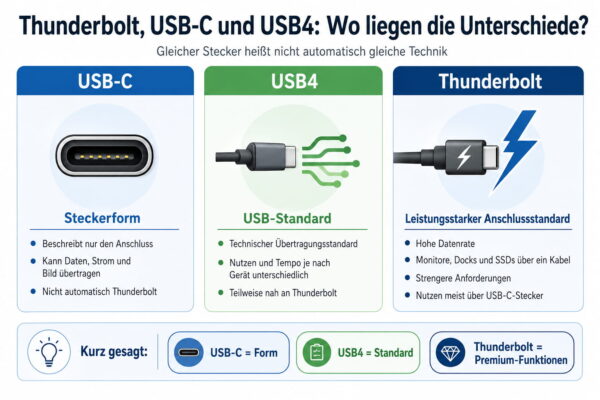 Thunderbolt, USB-C und USB4 verständlich erklärt Infografik erklärt die Unterschiede zwischen Thunderbolt, USB-C und USB4 anhand von Anschlussform, Standard und Funktionen.