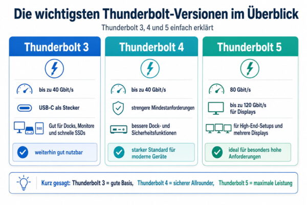 Thunderbolt 3, 4 und 5 im Überblick Infografik mit Überblick über Thunderbolt 3, Thunderbolt 4 und Thunderbolt 5 samt Datenraten, Funktionen und Einsatzbereichen.