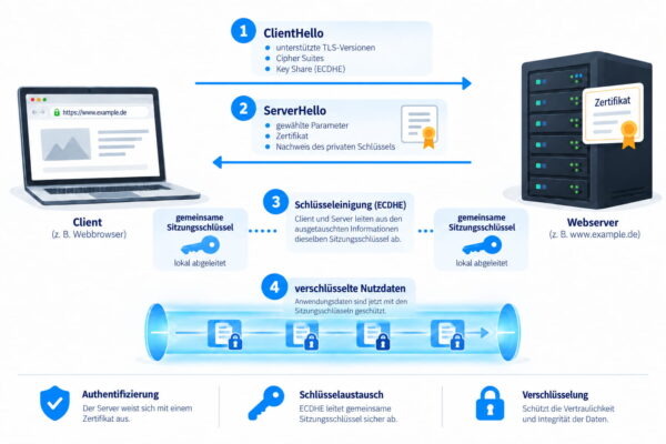 Ablauf des TLS-1.3-Handshakes Vereinfachter Ablauf des TLS-1.3-Handshakes zwischen Client und Server