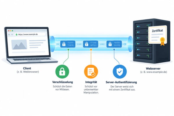So schützt TLS die Verbindung zwischen Client und Server TLS-Verbindung zwischen Browser und Webserver mit verschlüsselter Datenübertragung