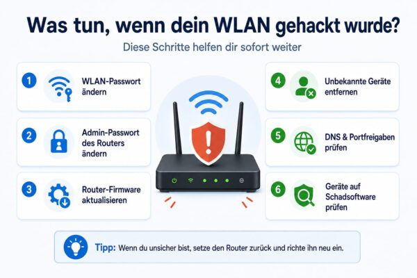 Was tun, wenn das WLAN gehackt wurde Checkliste mit Sofortmaßnahmen nach WLAN-Hacking, darunter Passwort ändern, Firmware aktualisieren und unbekannte Geräte entfernen