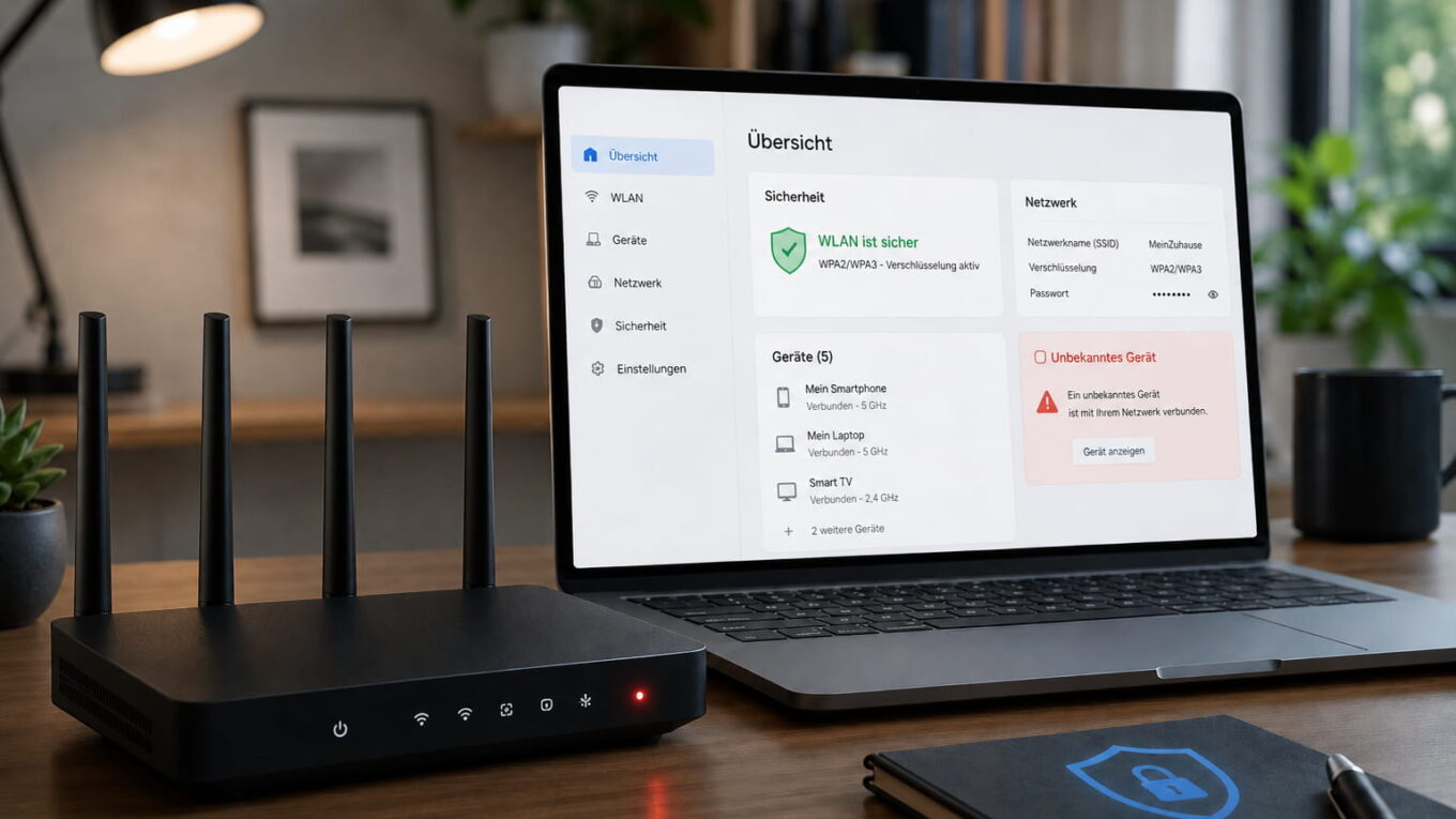 Router und Laptop mit Sicherheitsübersicht zeigen WLAN-Hacking-Risiken wie ein unbekanntes Gerät im Netzwerk