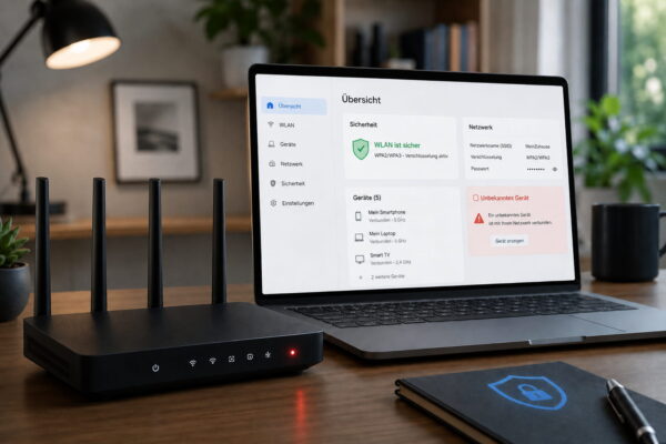 wlan hacking featured Router und Laptop mit Sicherheitsübersicht zeigen WLAN-Hacking-Risiken wie ein unbekanntes Gerät im Netzwerk