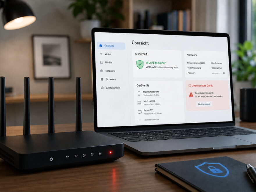 Router und Laptop mit Sicherheitsübersicht zeigen WLAN-Hacking-Risiken wie ein unbekanntes Gerät im Netzwerk