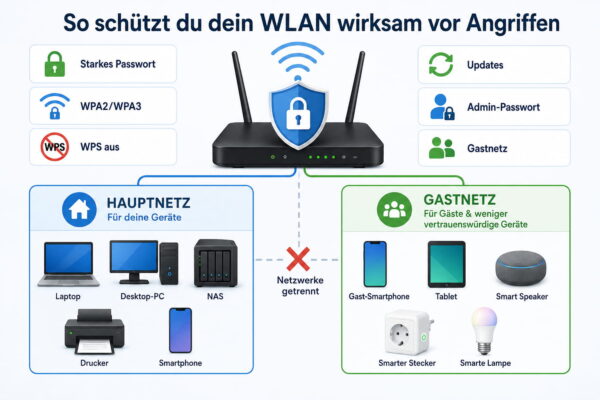 WLAN wirksam vor Angriffen schützen Infografik zum Schutz vor WLAN-Hacking mit starkem Passwort, WPA2/WPA3, deaktiviertem WPS, Updates und getrenntem Gastnetz