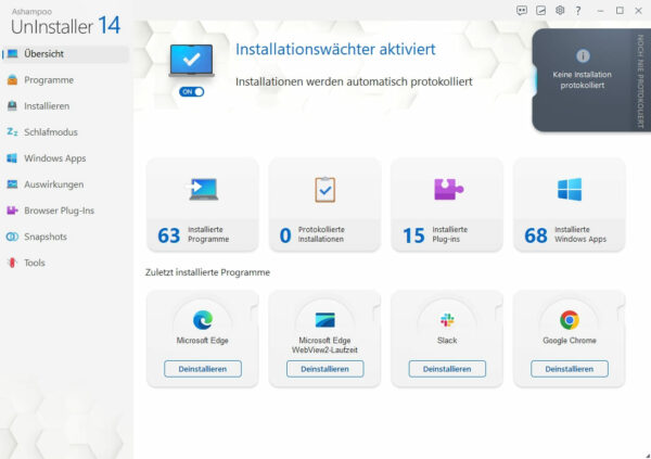 Ashampoo UnInstaller 14 Installationswächter aktiviert