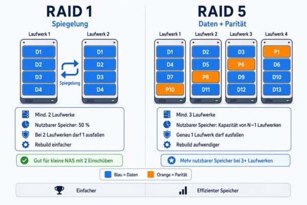 Vergleich von RAID 1 mit Spiegelung und RAID 5 mit verteilter Parität