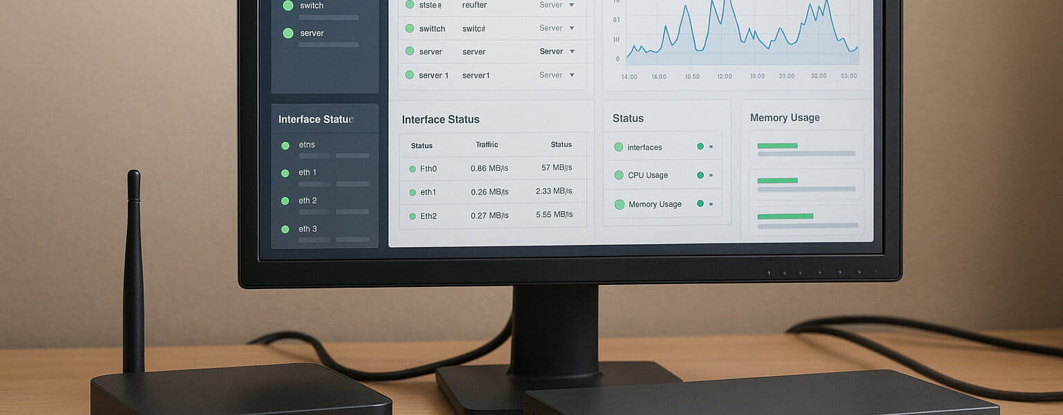 Netzwerk-Monitoring-Arbeitsplatz mit Router, Switch und SNMP-Dashboard