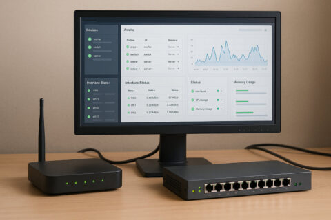 Netzwerk-Monitoring-Arbeitsplatz mit Router, Switch und SNMP-Dashboard