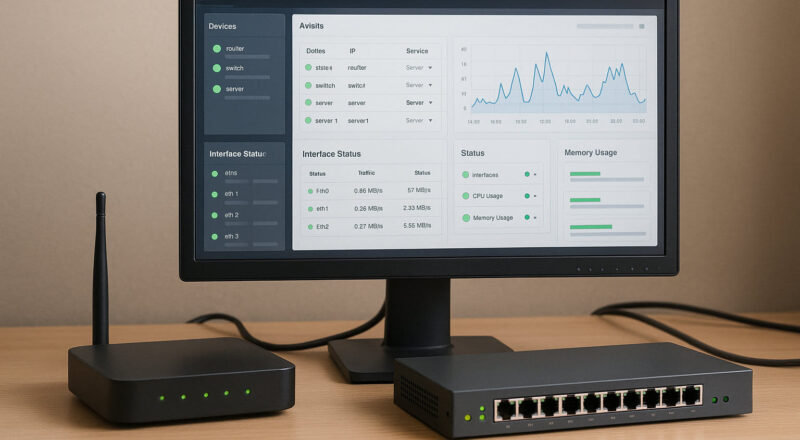 Netzwerk-Monitoring-Arbeitsplatz mit Router, Switch und SNMP-Dashboard