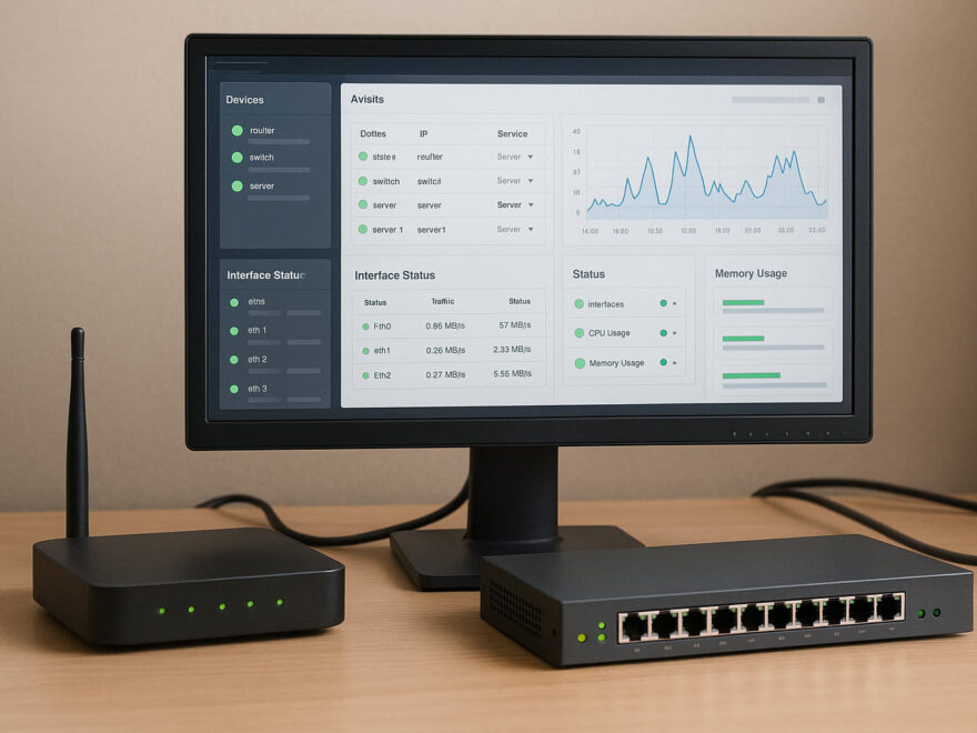 Netzwerk-Monitoring-Arbeitsplatz mit Router, Switch und SNMP-Dashboard