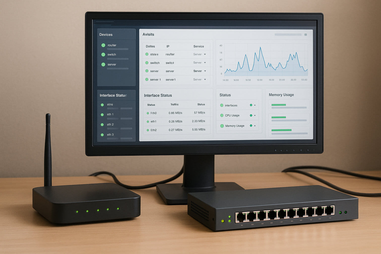 Netzwerk-Monitoring-Arbeitsplatz mit Router, Switch und SNMP-Dashboard
