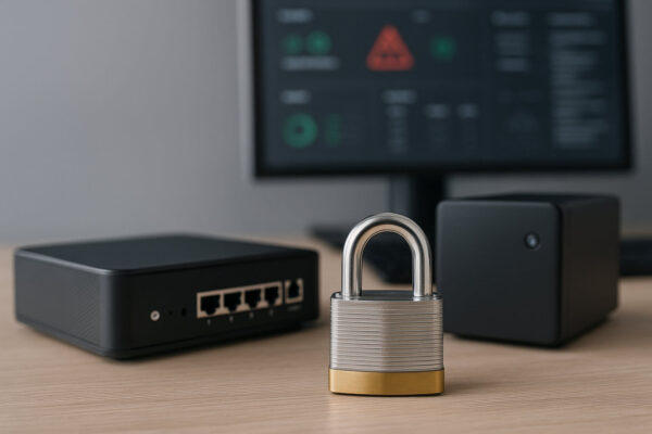 SNMP sicher nutzen: Risiken und Schutzmaßnahmen Netzwerkgerät mit Sicherheitsschloss als Symbol für sicheren SNMP-Einsatz