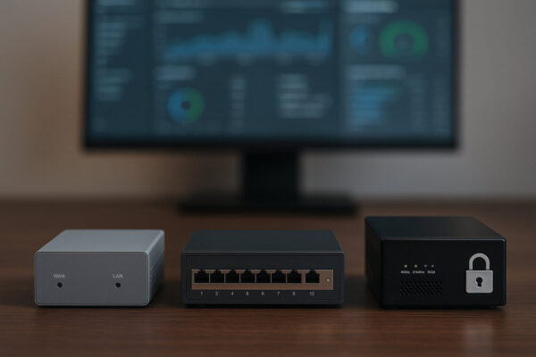 SNMP-Versionen im Vergleich dargestellt Drei Netzwerkgeräte als visuelle Darstellung der SNMP-Versionen v1, v2c und v3