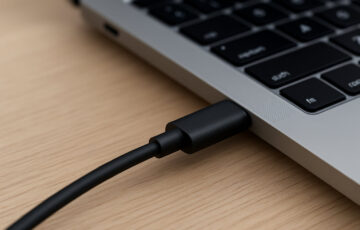 USB-C Kabel zeigt die Stromversorgung per USB an einem Laptop in Nahaufnahme