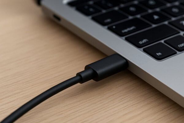 USB-C Kabel zeigt die Stromversorgung per USB an einem Laptop in Nahaufnahme
