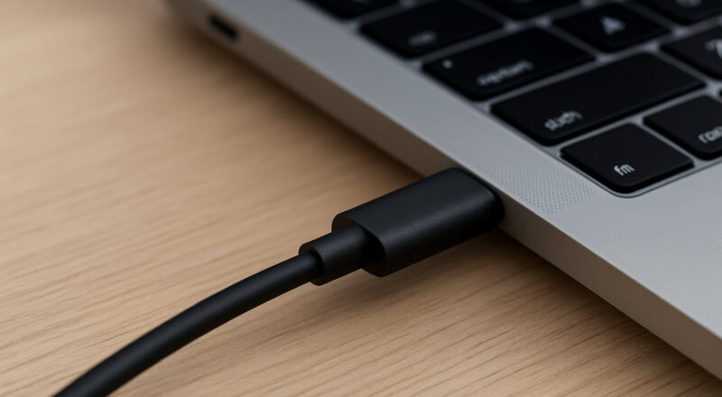 USB-C Kabel zeigt die Stromversorgung per USB an einem Laptop in Nahaufnahme