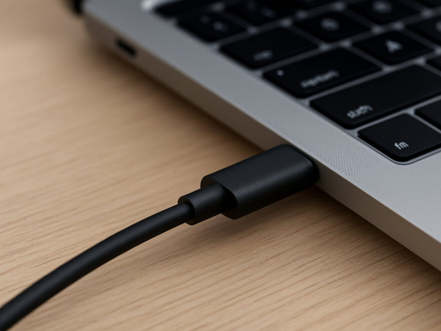 USB-C Kabel zeigt die Stromversorgung per USB an einem Laptop in Nahaufnahme