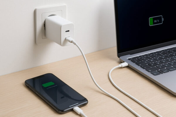 USB-C Power Delivery Ladegerät in Steckdose lädt Laptop und Smartphone gleichzeitig