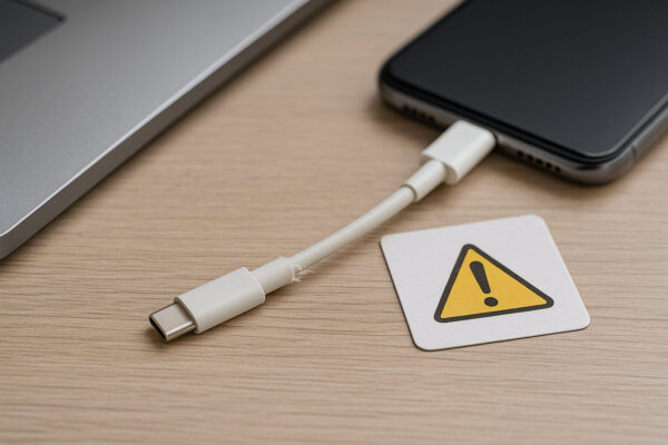 Abgenutztes USB-Kabel mit Warnsymbol verdeutlicht Sicherheitsaspekte bei der Stromversorgung per USB